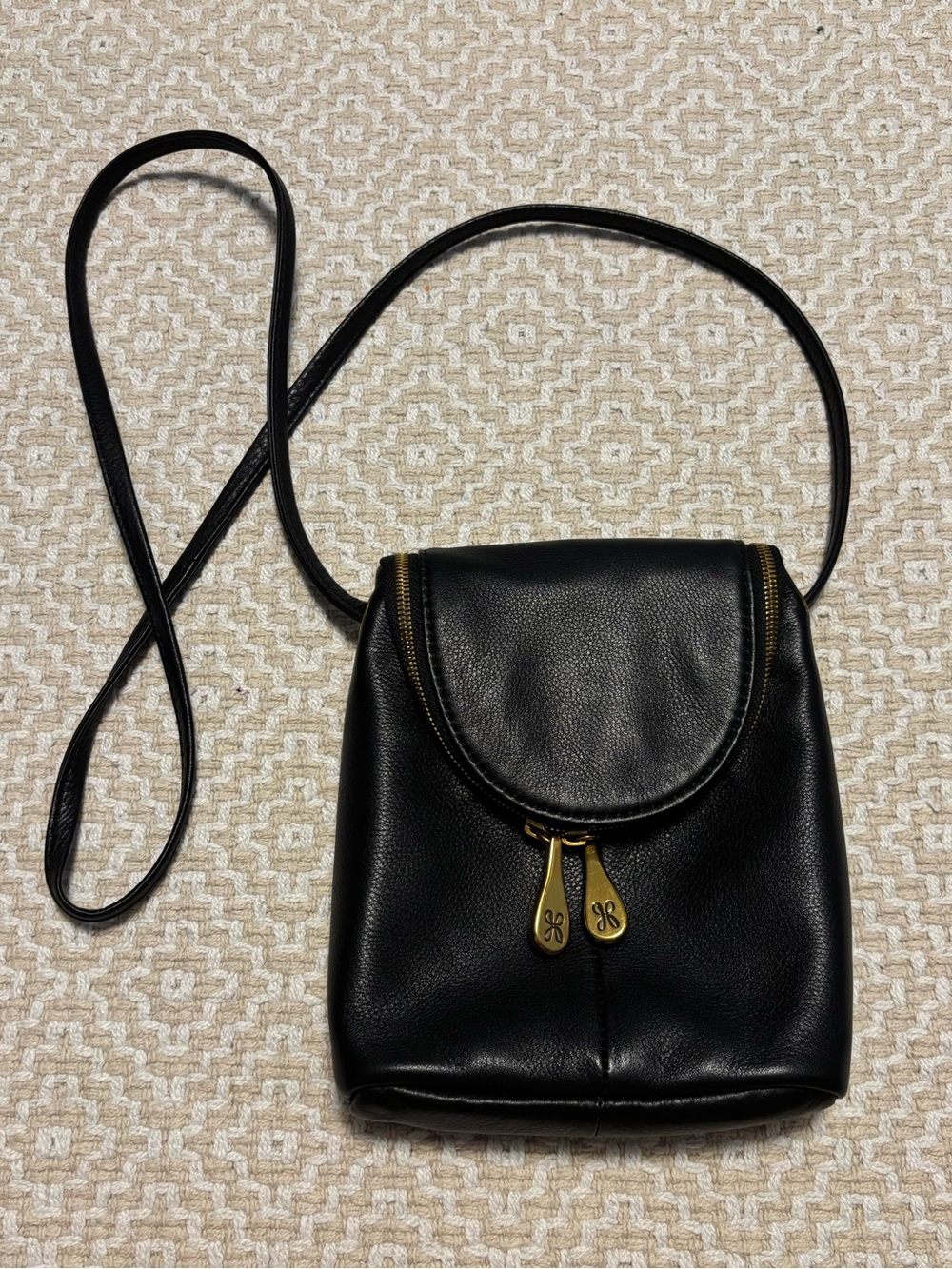Hobo Fern Black Leather Crossbody Bag with Gold Zipper Pulls